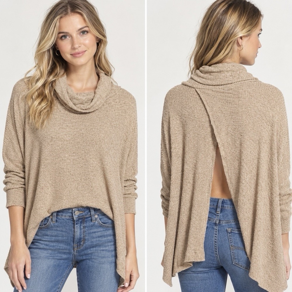 Free People Beach Cowl Neck Open Split Back Top Tan Sz XS Oversized Slouchy Boho